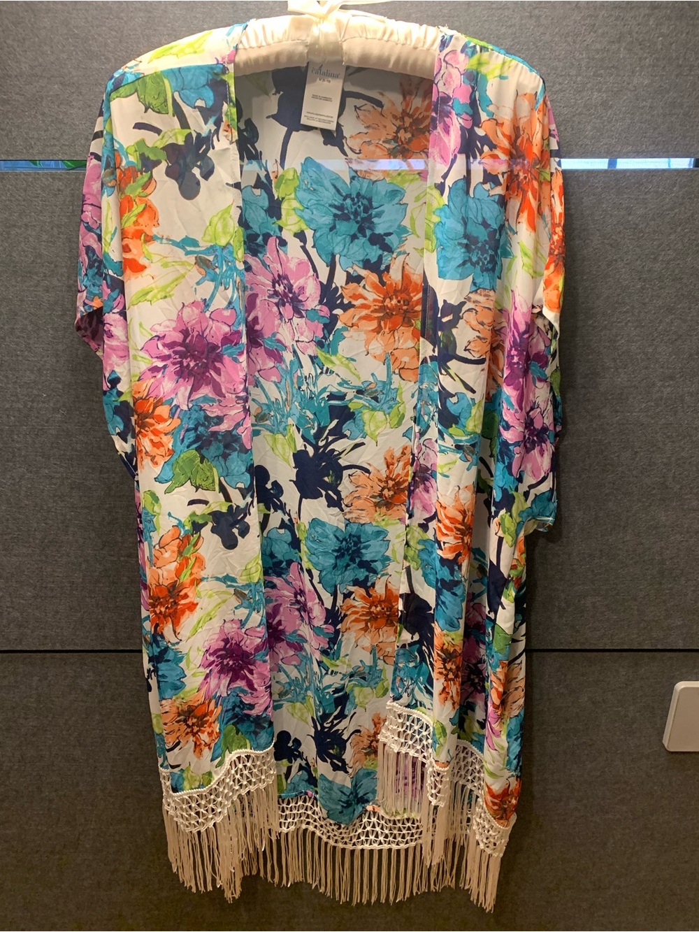 Catalina Floral Fringe Kimono in White Multi-Blue Pink Orange M- 8-10